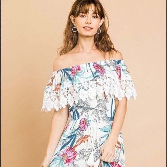 beautiful floral off shoulder high-low hem Rayon dress with lace. - Picture 2 of 2